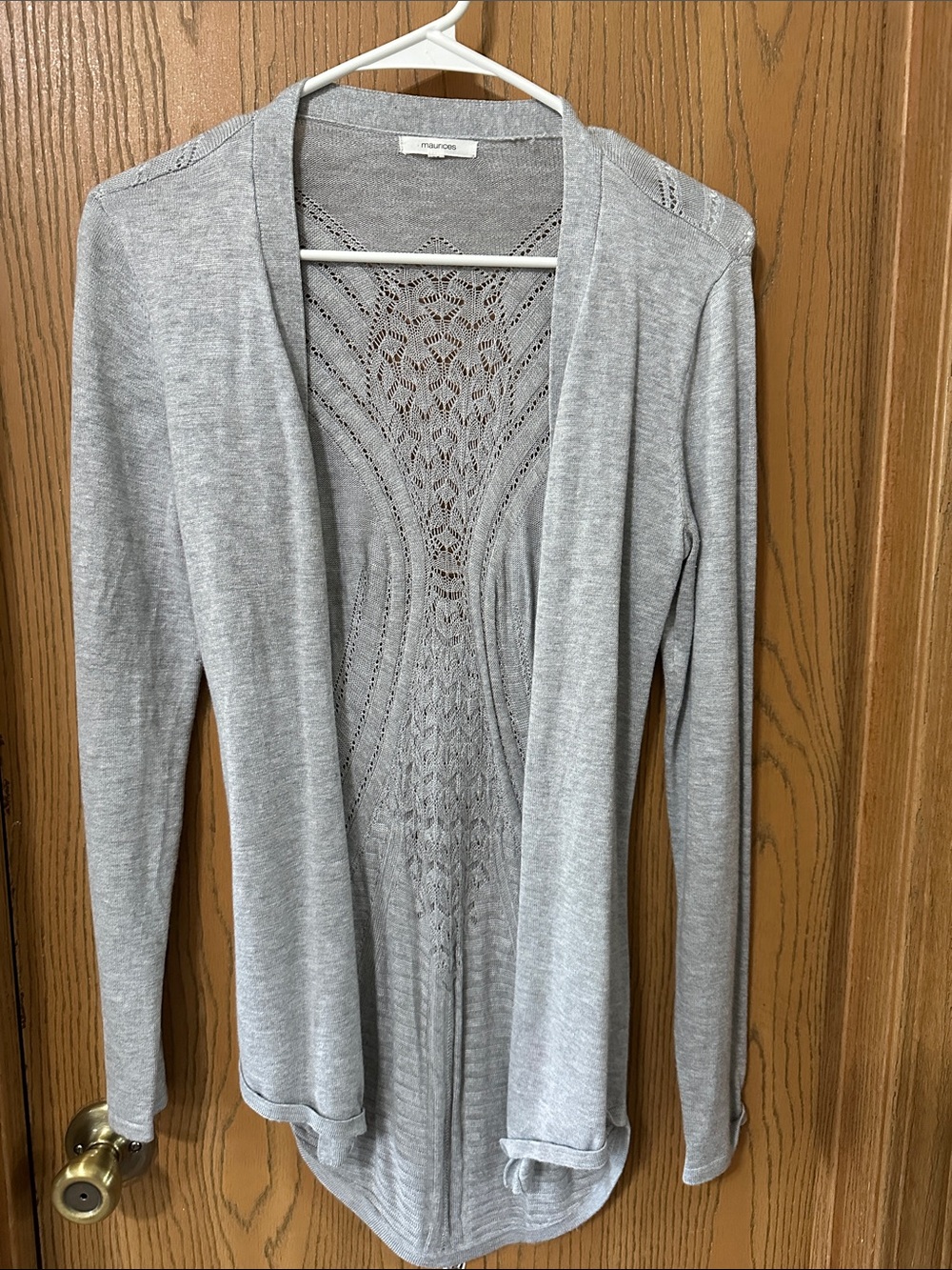 Maurices Light Gray Open-Front Lace-Back Cardigan